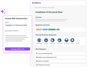 Screenshot of www.SWMS.ai user interface showing a job description input field and a button to generate a Safe Work Method Statement (SWMS) instantly.